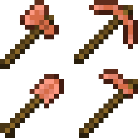 a minecraft copper axe, pickaxe, shovel and hoe